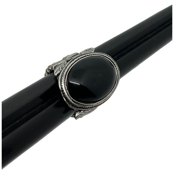 Black Stone Silver Tone Stretch Ring Leaf Design Vintage Style Adjustable Gothic - Picture 8 of 9